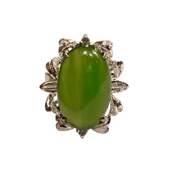 🌸 Vintage 14K Jade Cocktail Ring - Nephrite Cabochon Statement - Picture 2 of 5